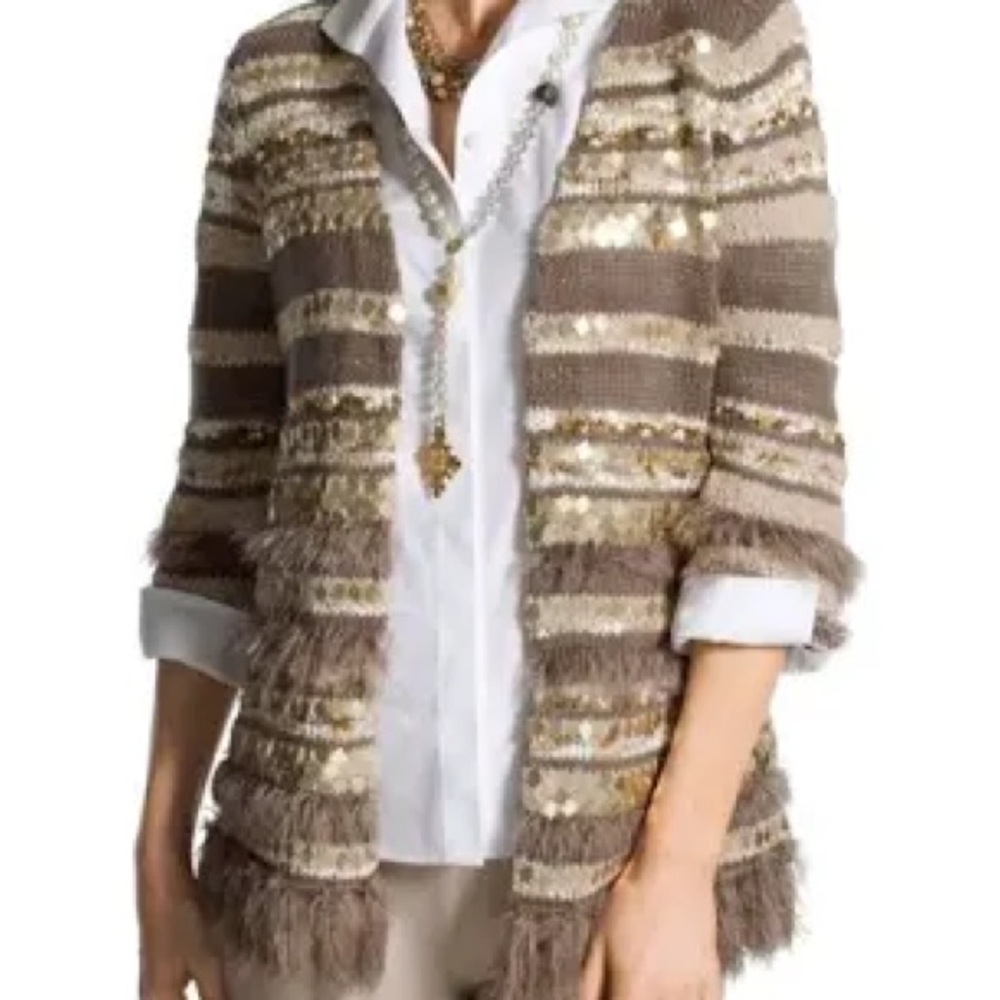 Chicos Open Front Cardigan Sweater Sequin Faux Fur Trim‎ Striped Gold Size 0
